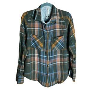 Free People Women’s M Plaid Button Down Shirt Top Linen Cotton Blend Boho